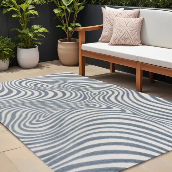 Dark Blue And Cream Abstract Indoor Outdoor Area Rug Photo 1