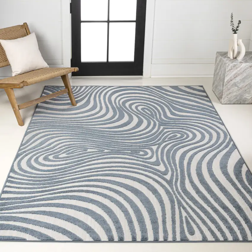 Dark Blue And Cream Abstract Indoor Outdoor Area Rug Photo 7