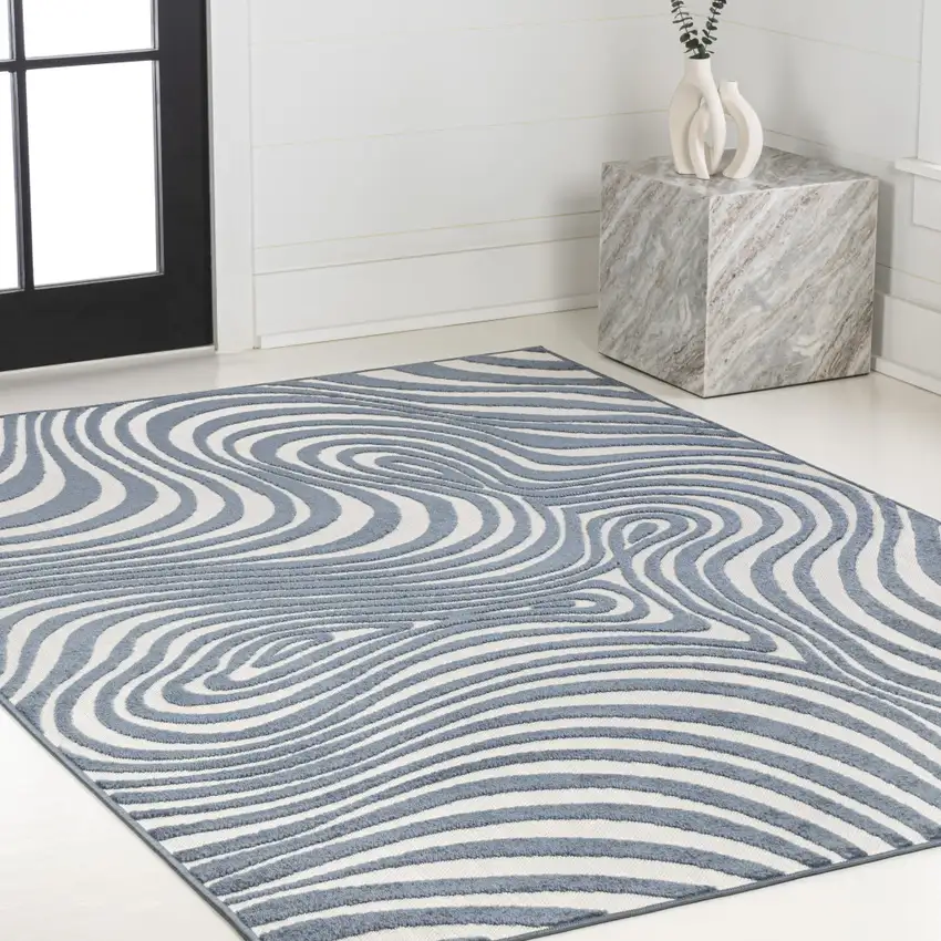 Dark Blue And Cream Abstract Indoor Outdoor Area Rug Photo 8