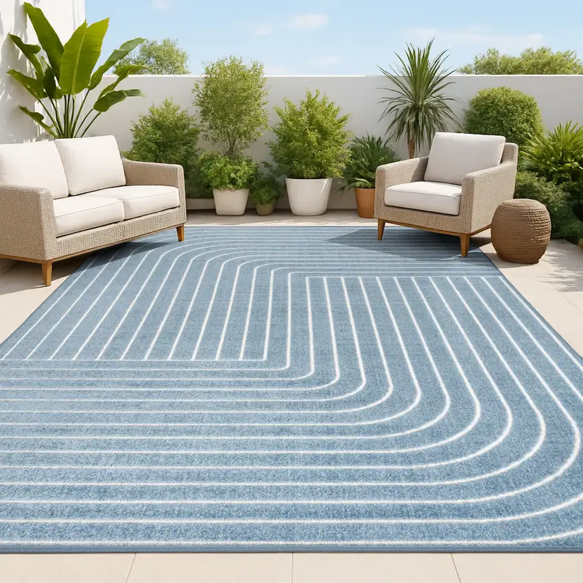 Dark Blue And Cream Striped Indoor Outdoor Area Rug Photo 4