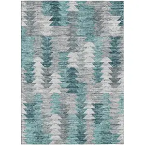 Photo of Dark Blue Aqua And Gray Geometric Washable Indoor Outdoor Area Rug