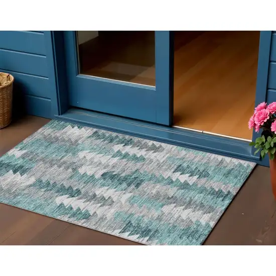 Dark Blue Aqua And Gray Geometric Washable Indoor Outdoor Area Rug Photo 1