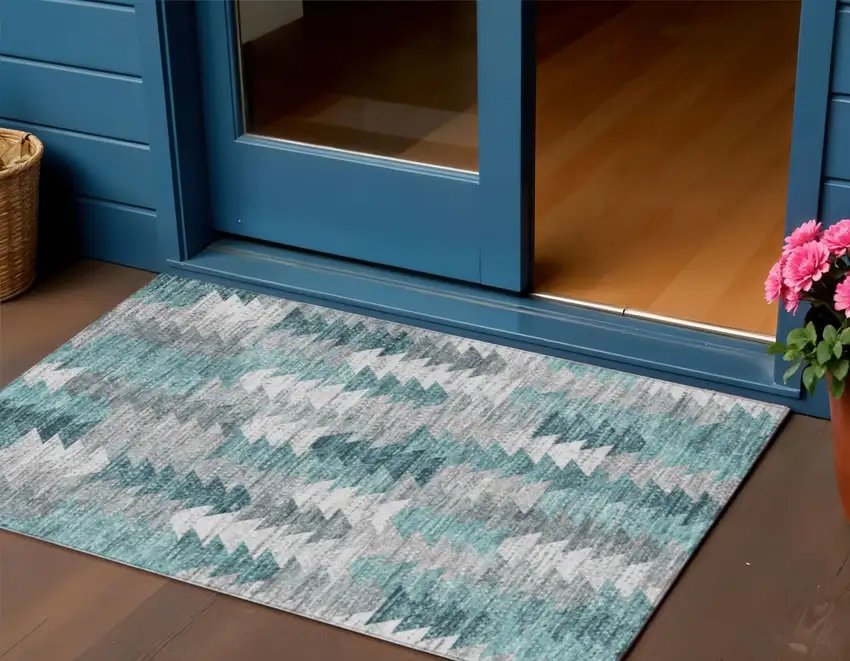 Dark Blue Aqua And Gray Geometric Washable Indoor Outdoor Area Rug Photo 1