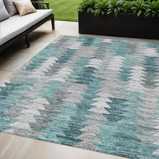 Dark Blue Aqua And Gray Geometric Washable Indoor Outdoor Area Rug Photo 1