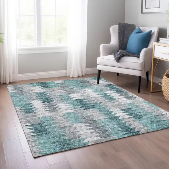 Dark Blue Aqua And Gray Geometric Washable Indoor Outdoor Area Rug Photo 9