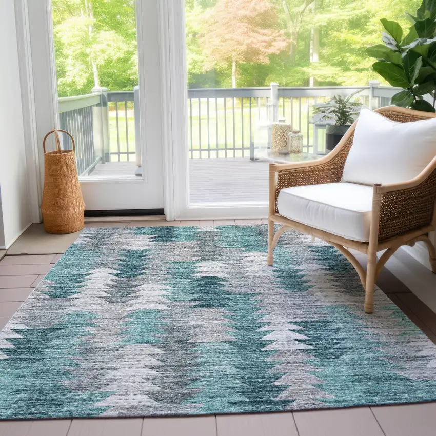 Dark Blue Aqua And Gray Geometric Washable Indoor Outdoor Area Rug Photo 9