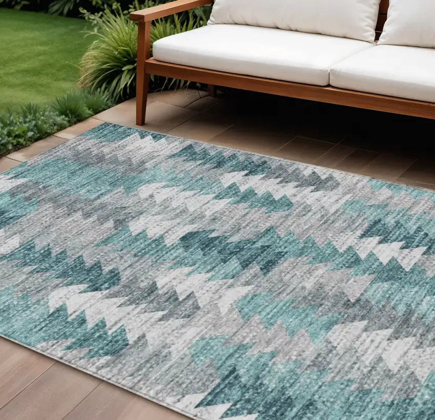 Dark Blue Aqua And Gray Geometric Washable Indoor Outdoor Area Rug Photo 1