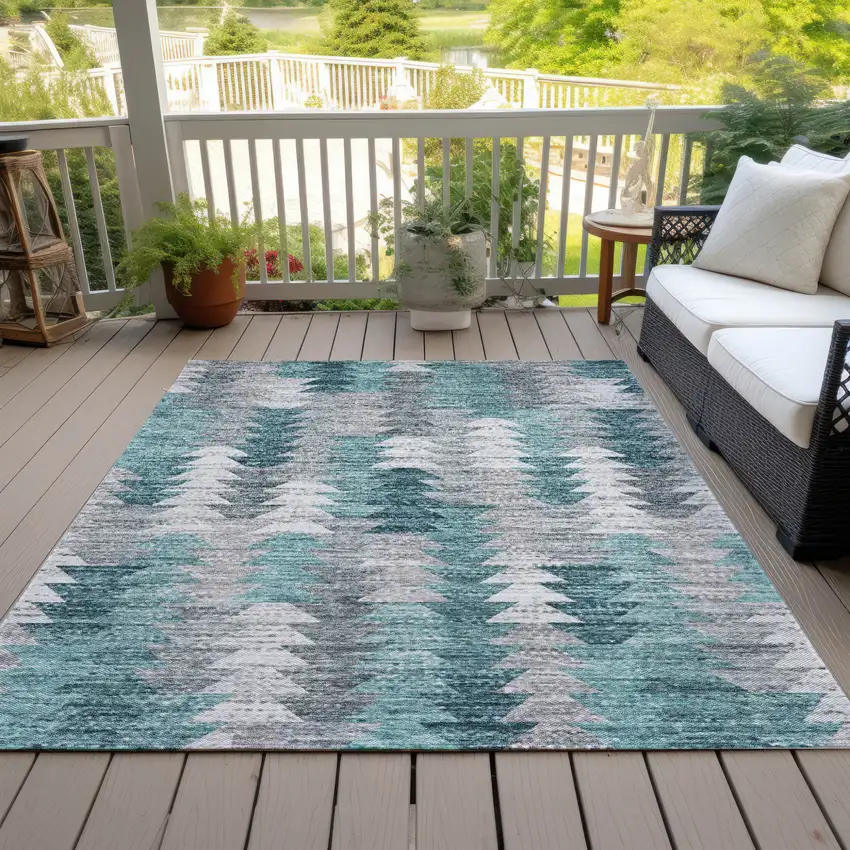 Dark Blue Aqua And Gray Geometric Washable Indoor Outdoor Area Rug Photo 9