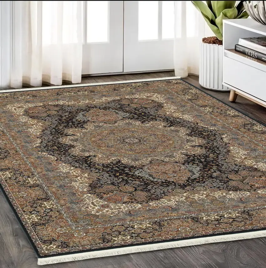 Dark Blue Black And Teal Medallion Area Rug With Fringe Photo 1