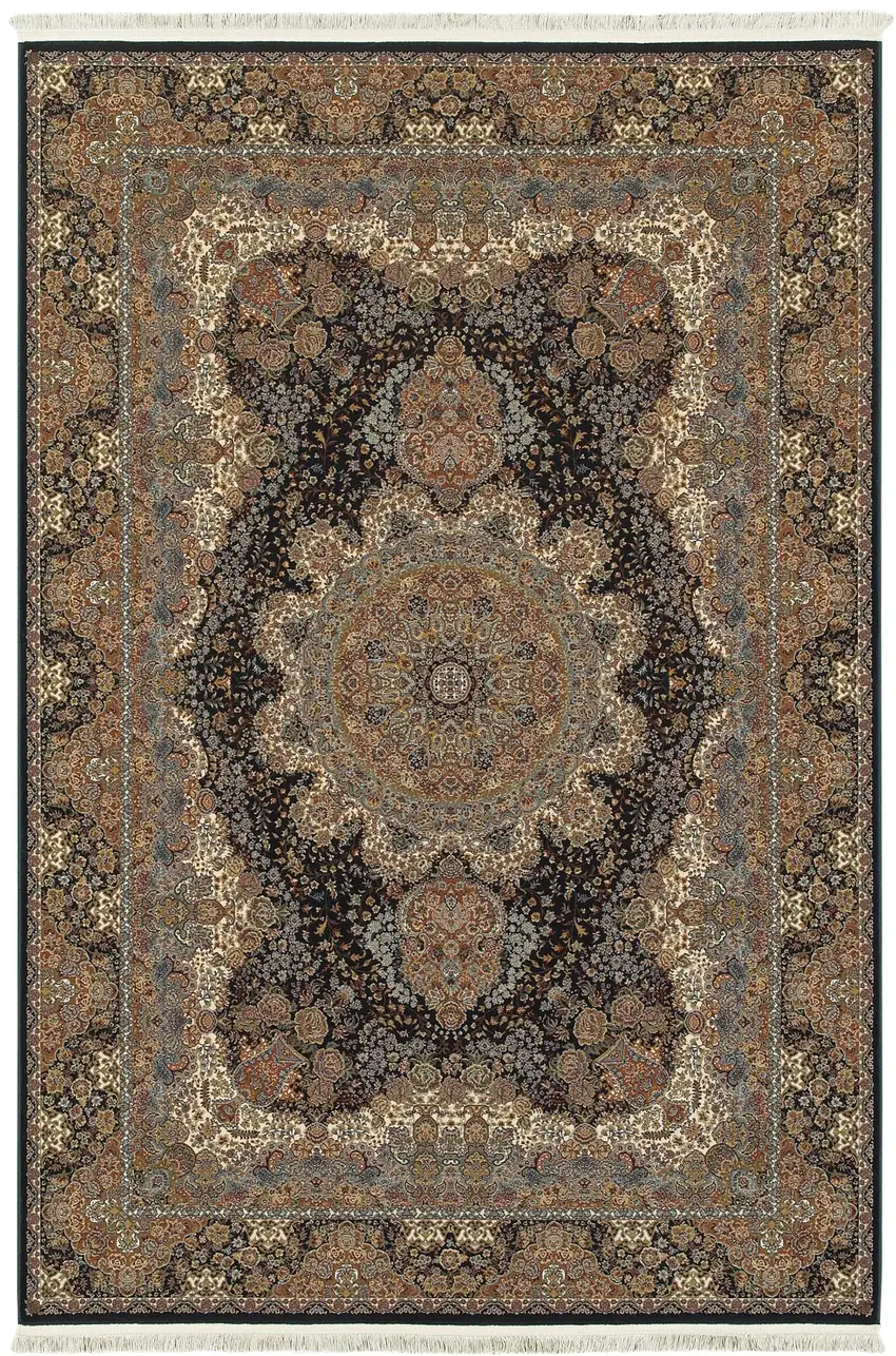 Dark Blue Black And Teal Medallion Area Rug With Fringe Photo 2