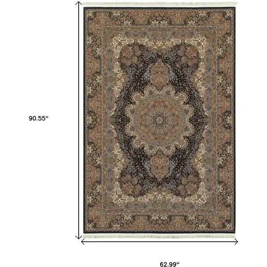 Dark Blue Black And Teal Medallion Area Rug With Fringe Photo 7