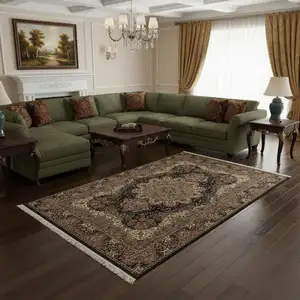 Photo of Dark Blue Black And Teal Medallion Area Rug With Fringe