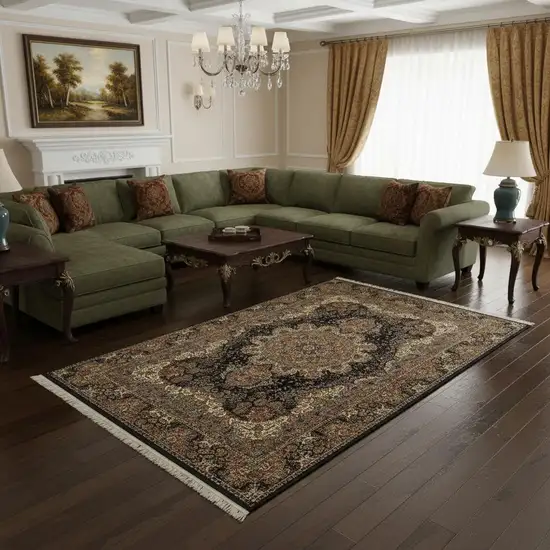 Dark Blue Black And Teal Medallion Area Rug With Fringe Photo 1