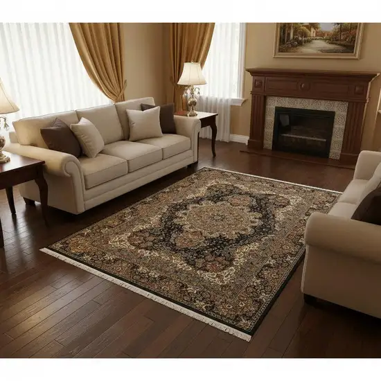 Dark Blue Black And Teal Medallion Area Rug With Fringe Photo 1