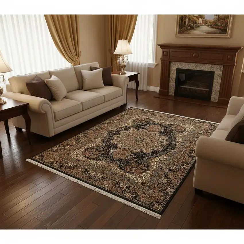 Dark Blue Black And Teal Medallion Area Rug With Fringe Photo 1