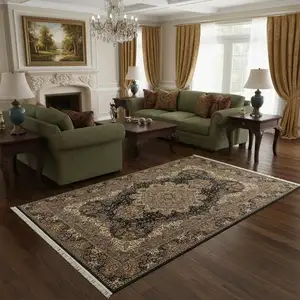 Photo of Dark Blue Black And Teal Medallion Area Rug With Fringe