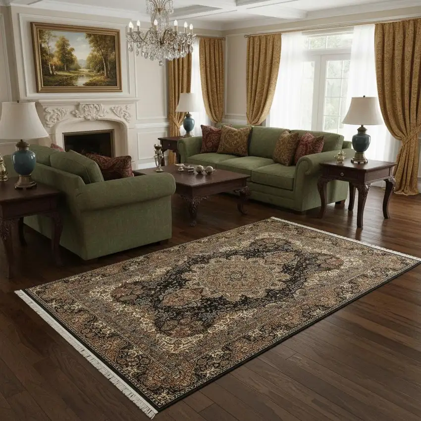 Dark Blue Black And Teal Medallion Area Rug With Fringe Photo 1