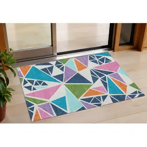 Photo of Dark Blue Green And Pink Geometric Washable Indoor Outdoor Area Rug