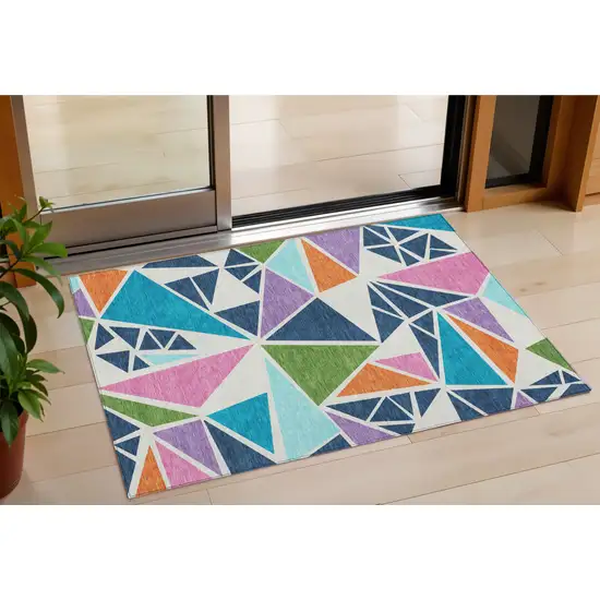 Dark Blue Green And Pink Geometric Washable Indoor Outdoor Area Rug Photo 1