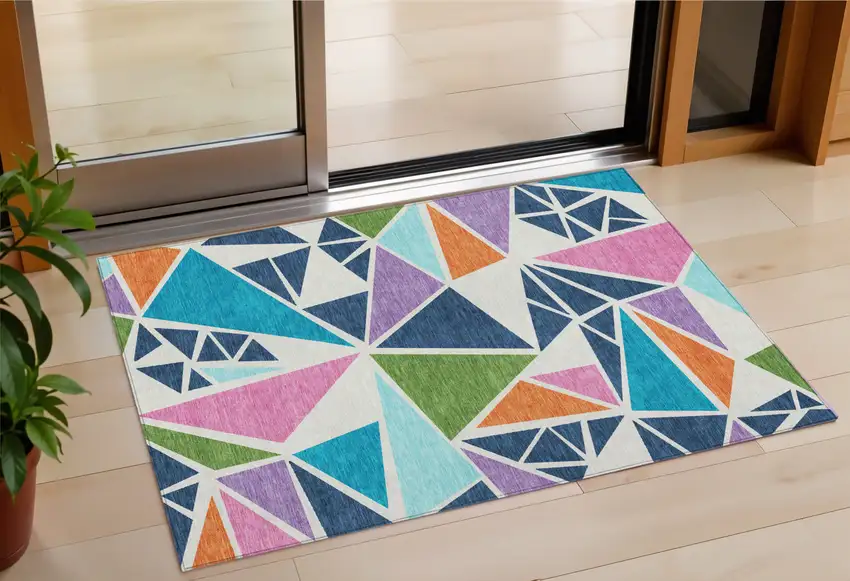 Dark Blue Green And Pink Geometric Washable Indoor Outdoor Area Rug Photo 1