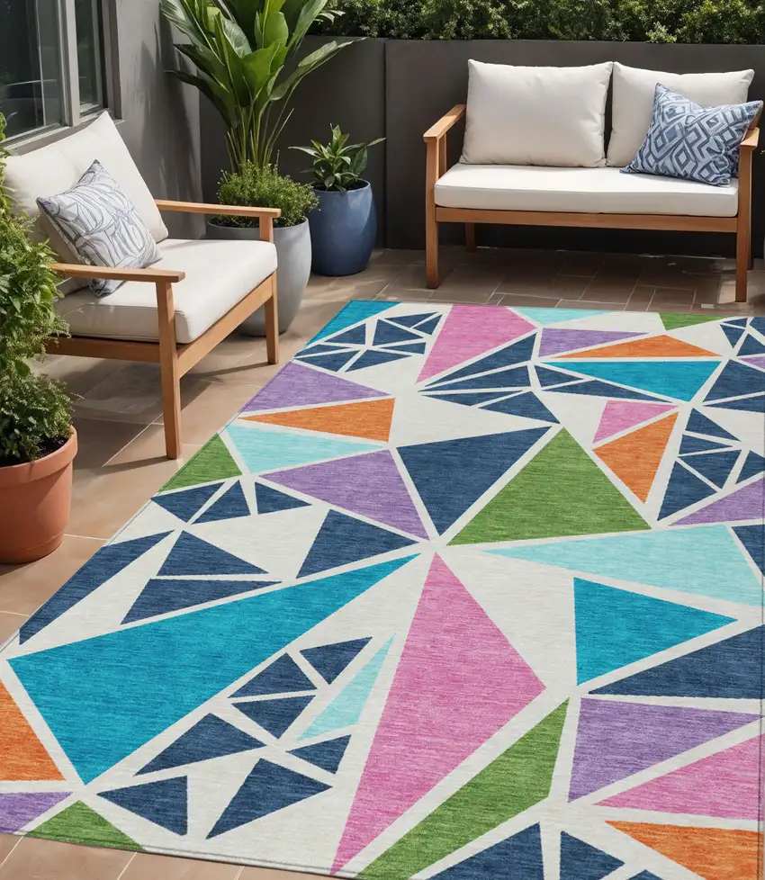 Dark Blue Green And Pink Geometric Washable Indoor Outdoor Area Rug Photo 1