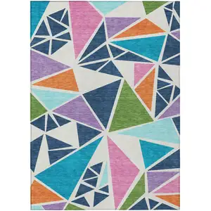 Photo of Dark Blue Green And Pink Geometric Washable Indoor Outdoor Area Rug