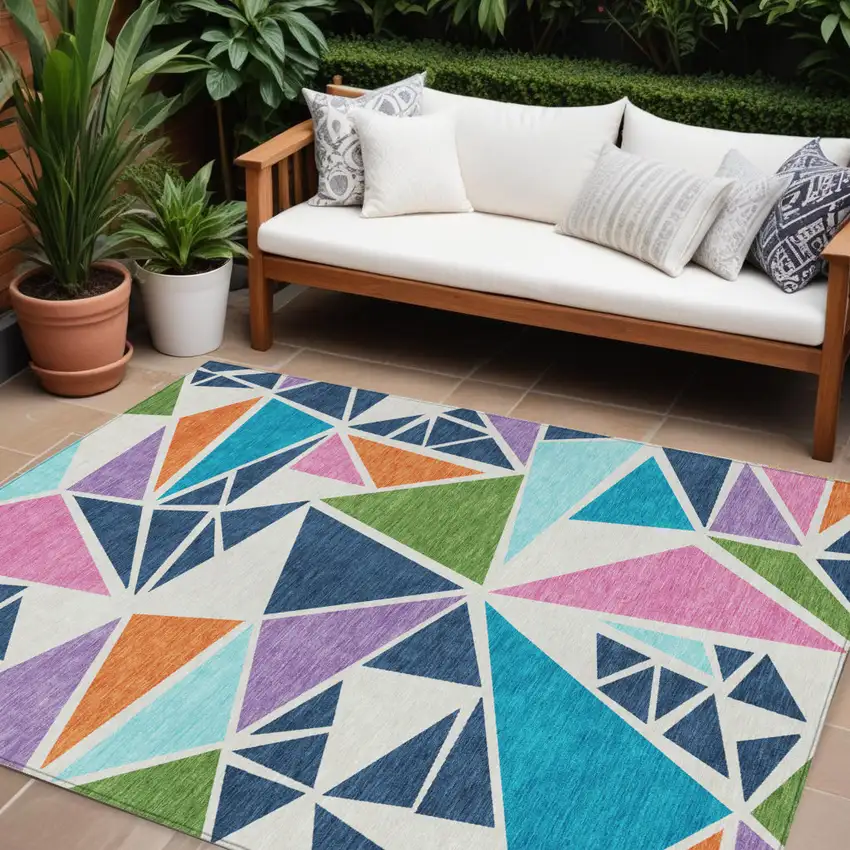 Dark Blue Green And Pink Geometric Washable Indoor Outdoor Area Rug Photo 1