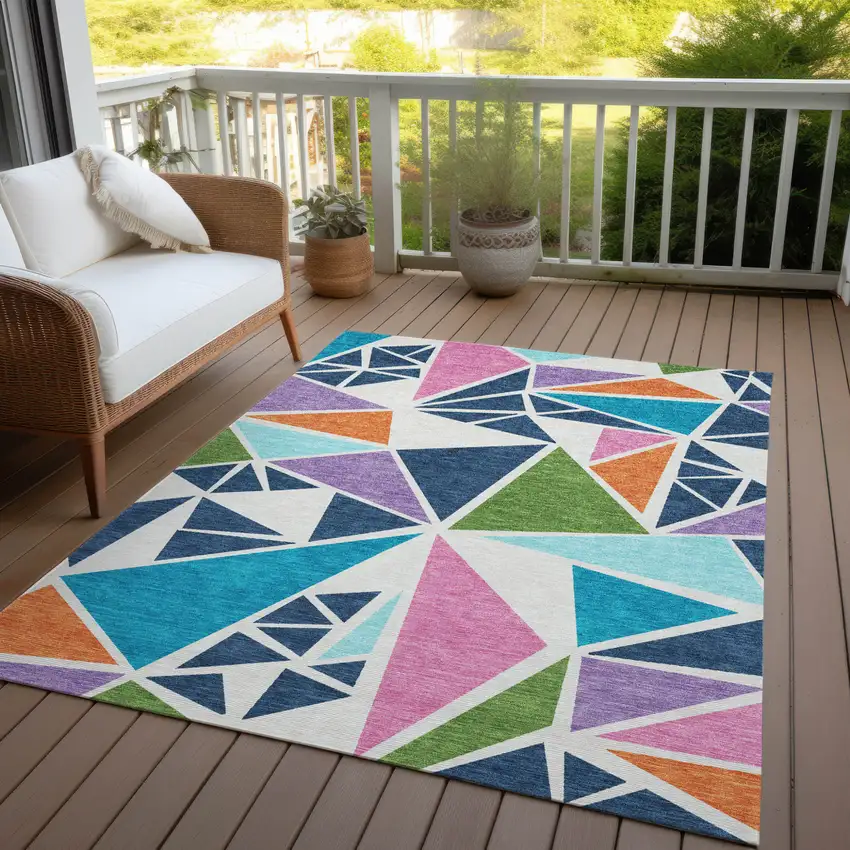 Dark Blue Green And Pink Geometric Washable Indoor Outdoor Area Rug Photo 9