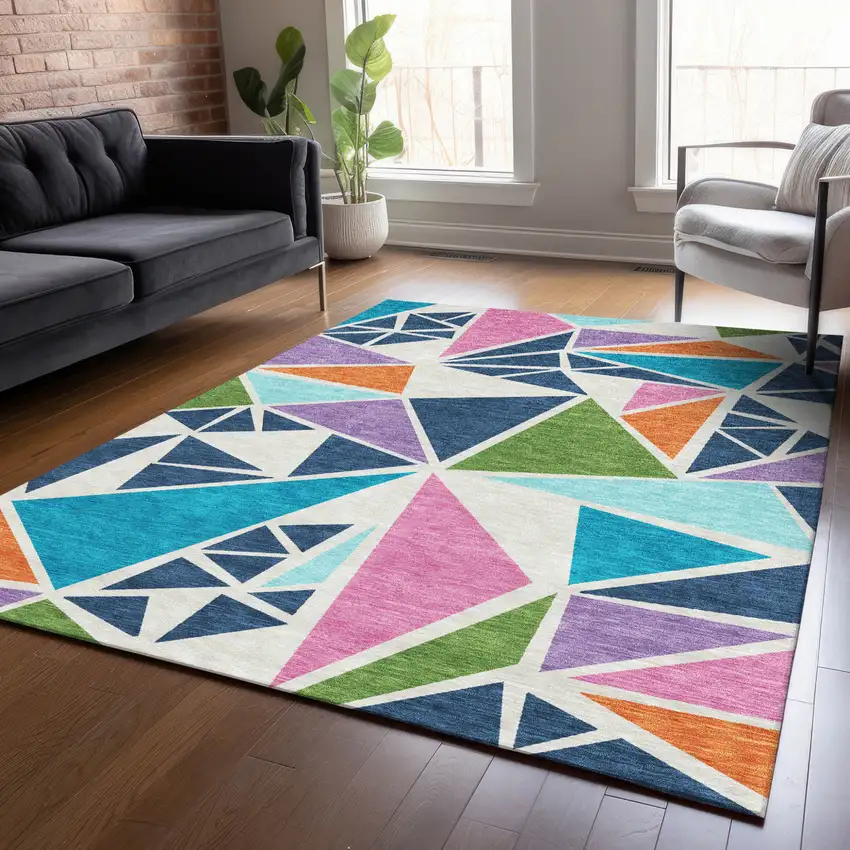 Dark Blue Green And Pink Geometric Washable Indoor Outdoor Area Rug Photo 9