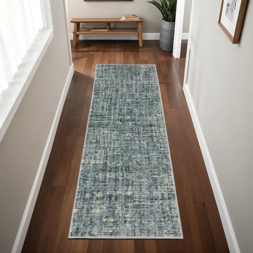 2' X 8' Dark Blue Light Blue Grey Ivory And Beige Abstract Power Loom Stain Resistant Runner Rug Photo 1