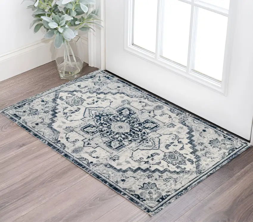 Navy and Ivory Medallion Power Loom Area Rug Photo 1