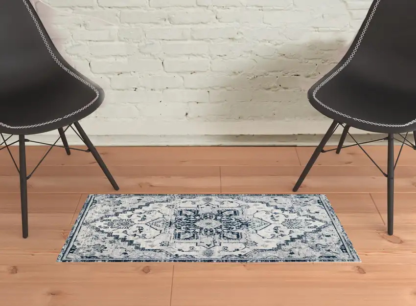 Dark Blue Medallion Power Loom Area Rug Photo 2