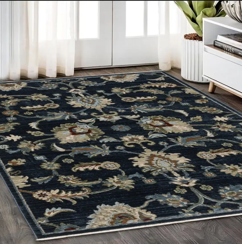 Dark Blue Tan And Green Oriental Area Rug With Fringe Photo 1