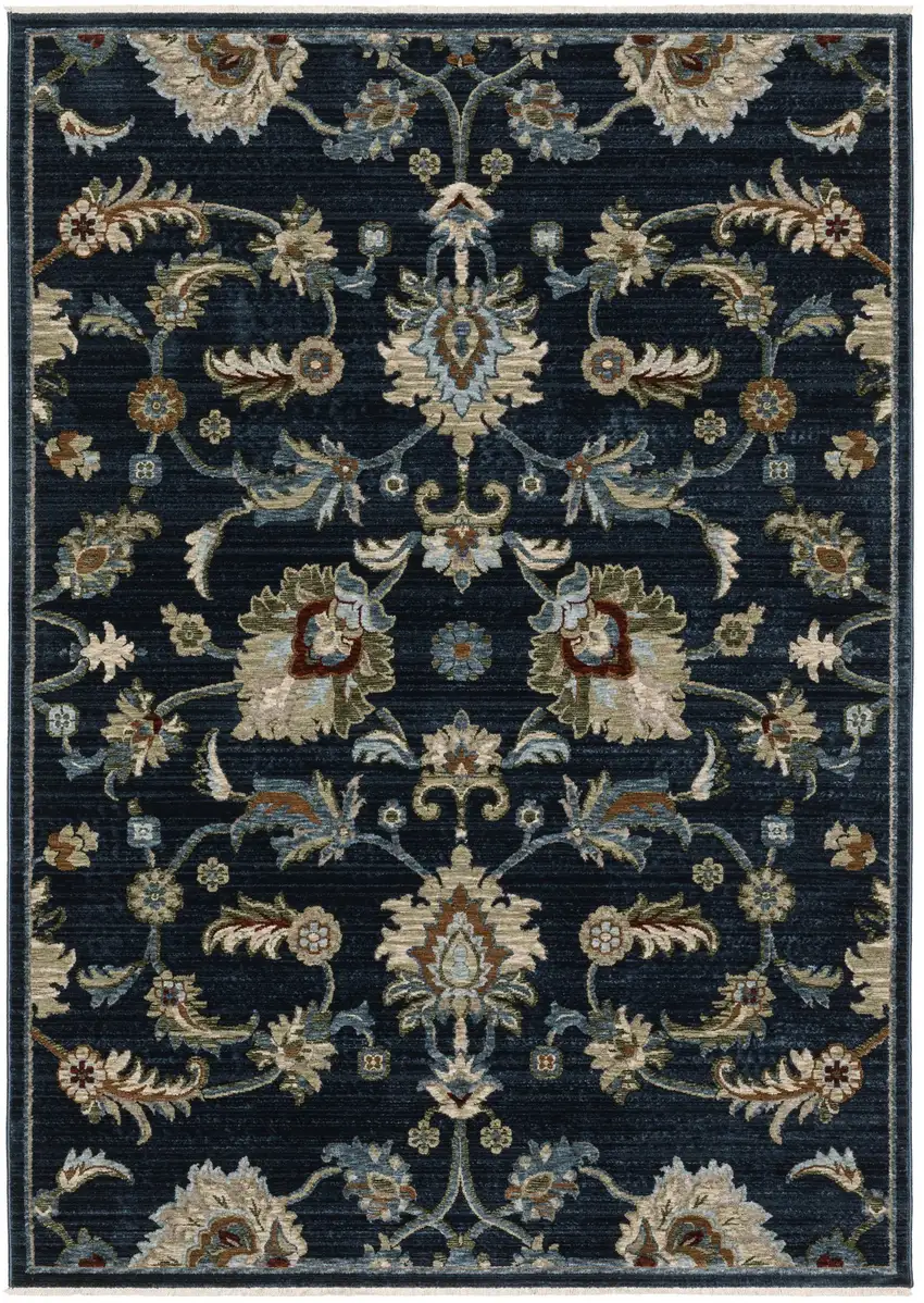 Dark Blue Tan And Green Oriental Area Rug With Fringe Photo 2