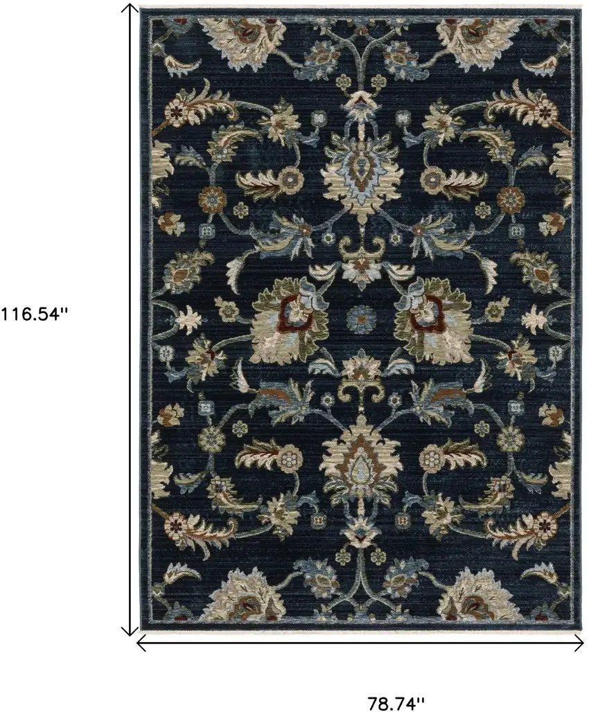 Dark Blue Tan And Green Oriental Area Rug With Fringe Photo 3