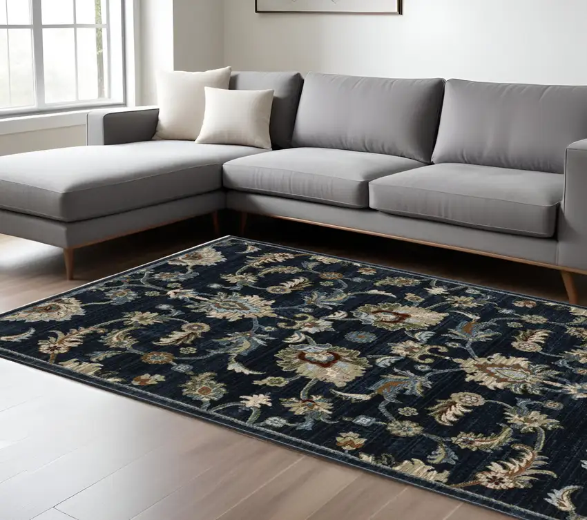 Dark Blue Tan And Green Oriental Area Rug With Fringe Photo 1