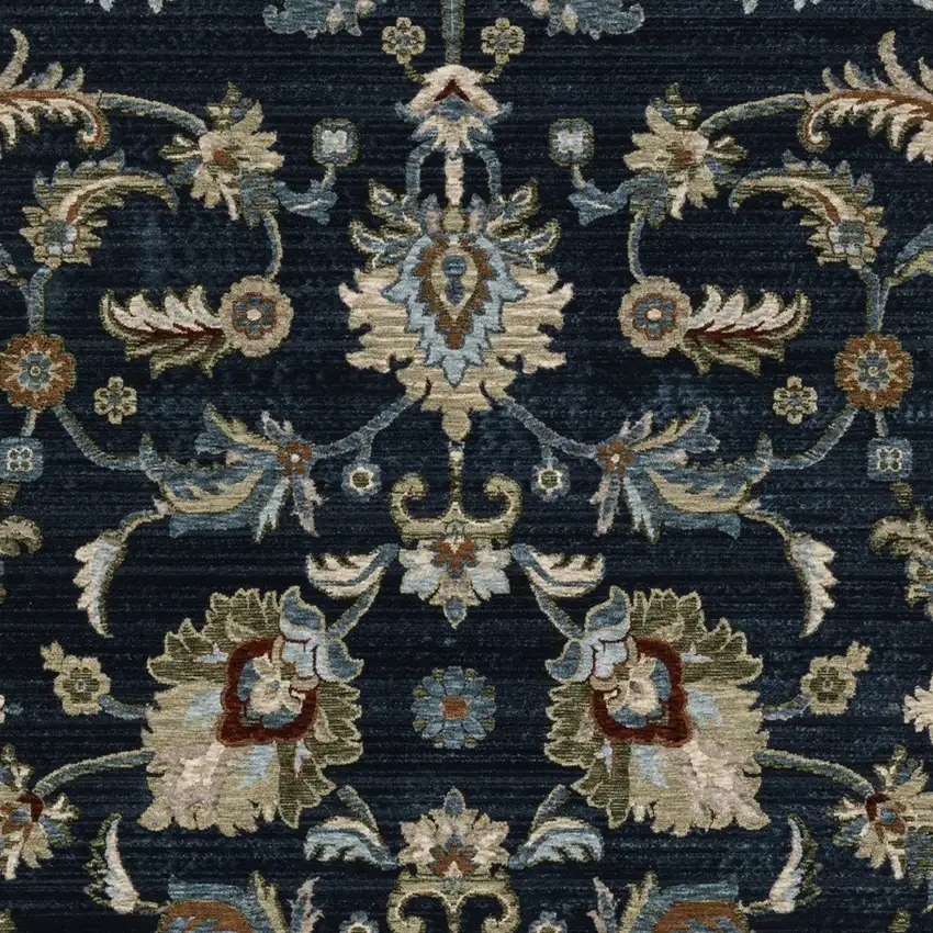 Dark Blue Tan And Green Oriental Area Rug With Fringe Photo 8