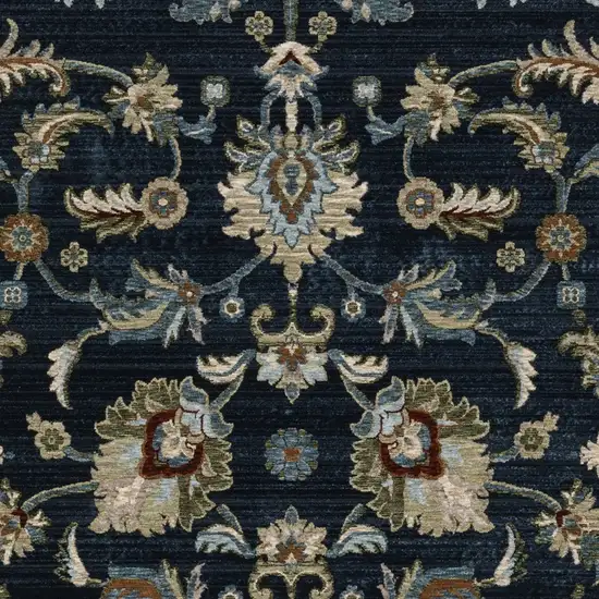 Dark Blue Tan And Green Oriental Area Rug With Fringe Photo 8