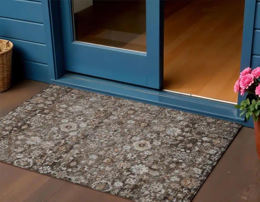 Dark Brown Brown And Taupe Oriental Washable Indoor Outdoor Area Rug Photo 1