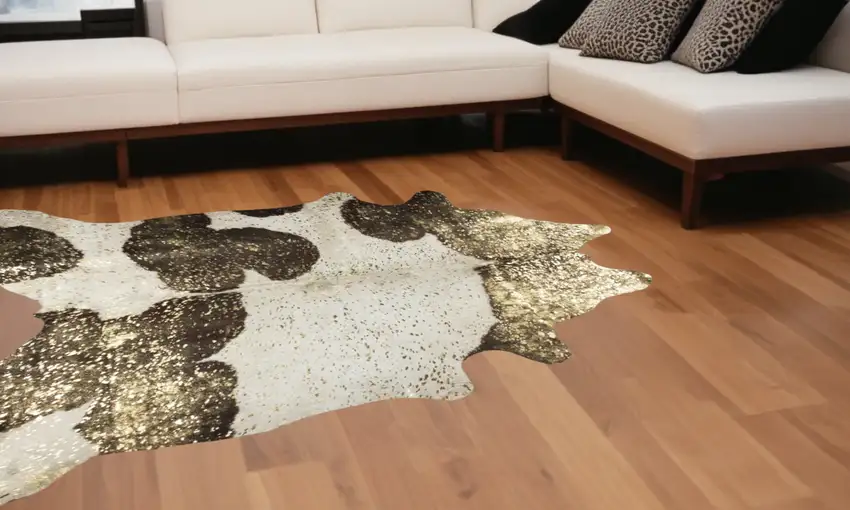 Dark Brown White And Gold Natural Cowhide Area Rug Photo 1