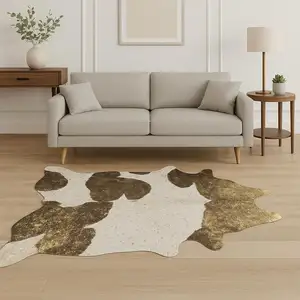 Photo of Dark Brown White and Gold Natural Cowhide Area Rug