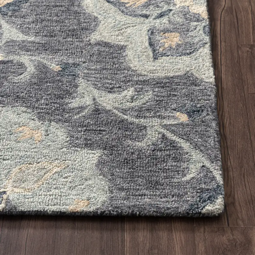 Dark Gray And Blue Wool Floral Hand Tufted Distressed Area Rug Photo 5