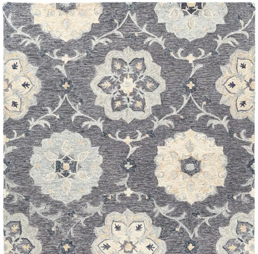 Dark Gray And Blue Wool Floral Hand Tufted Distressed Area Rug Photo 4