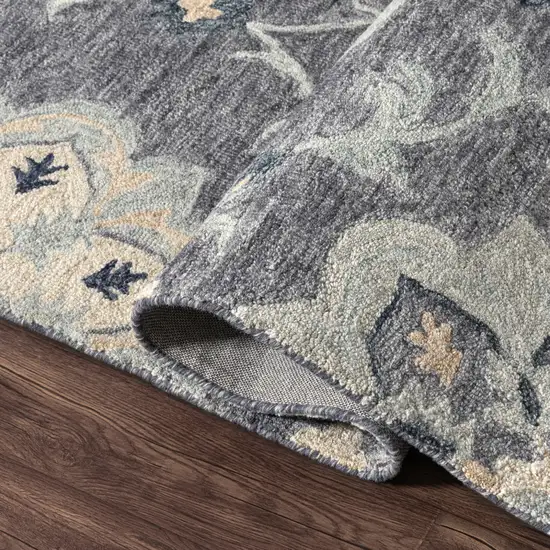 Dark Gray And Blue Wool Floral Hand Tufted Distressed Area Rug Photo 9