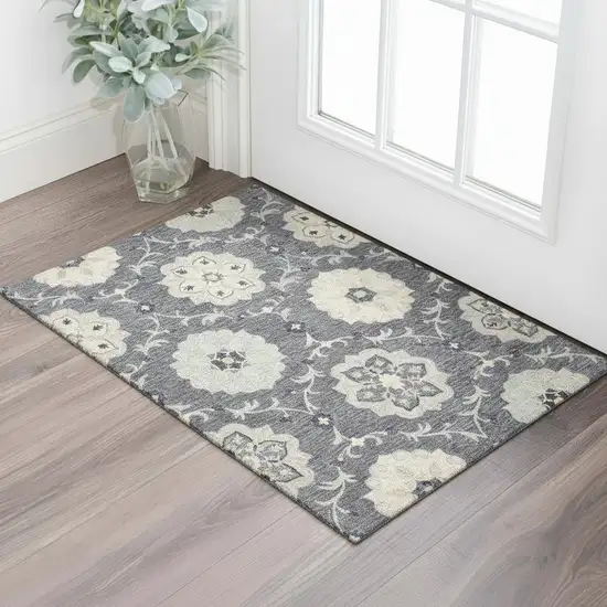 Dark Gray And Blue Wool Floral Hand Tufted Distressed Area Rug Photo 1