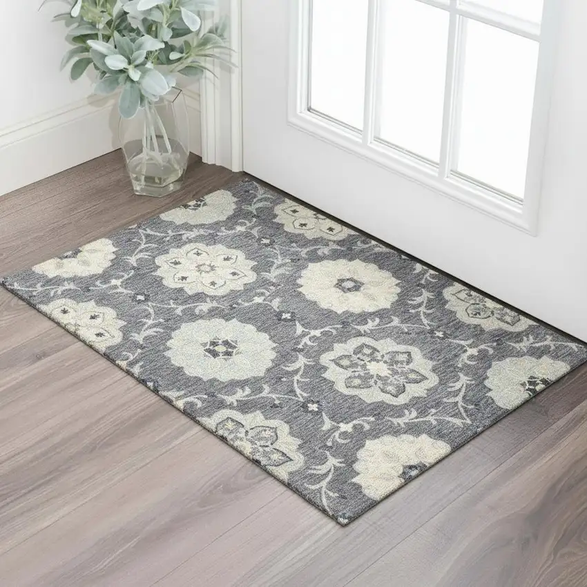 Dark Gray And Blue Wool Floral Hand Tufted Distressed Area Rug Photo 1
