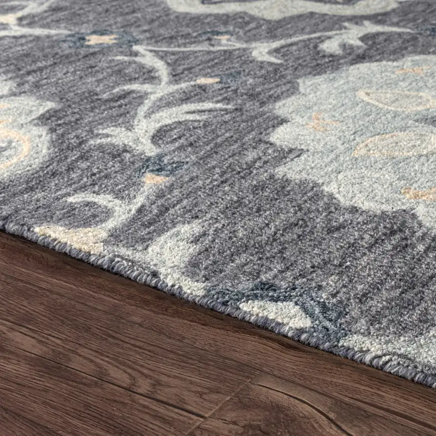 Dark Gray And Blue Wool Floral Hand Tufted Distressed Area Rug Photo 8