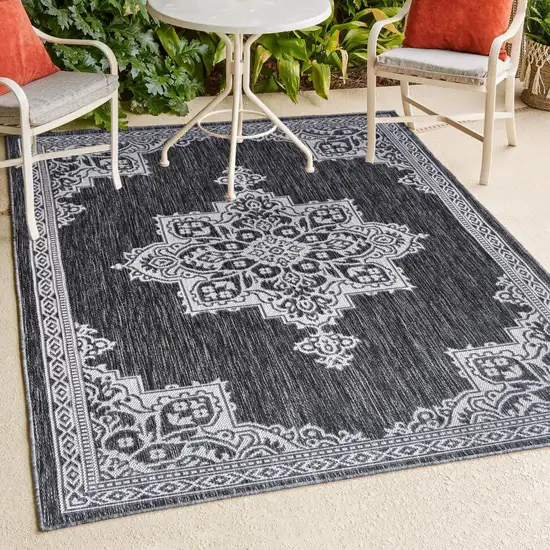 Dark Gray And Cream Medallion Indoor Outdoor Area Rug Photo 9