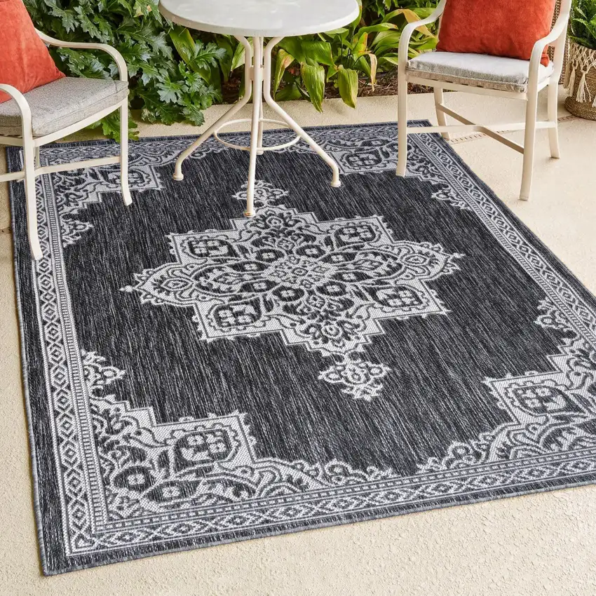 Dark Gray And Cream Medallion Indoor Outdoor Area Rug Photo 9