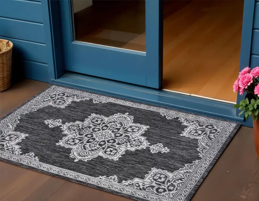 Dark Gray And Cream Medallion Indoor Outdoor Area Rug Photo 1